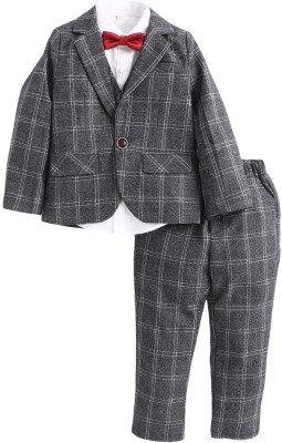 Hopscotch Boys Casual Shirt Pant, Blazer, Waistcoat, Bow Tie(Grey)