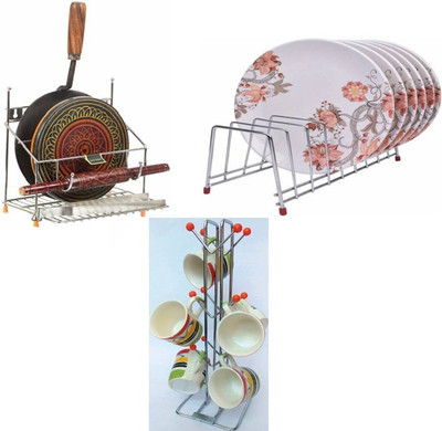 Somkala Chakla/Belan Kitchen Rack Steel Present a combo pack of orange v shape cup stand + plate stand + 4 in 1