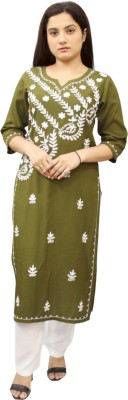 club fashion Women Chikan Embroidery Straight Kurta(Dark Green)