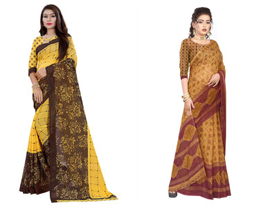 Vimalnath Synthetics Floral Print Daily Wear Georgette Saree(Pack of 2, Beige, Yellow)