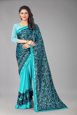 A3 Fashion Floral Print Bollywood Lycra Blend Saree(Blue)