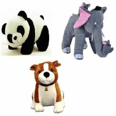 Hello Baby Combo Of Elephant , Panda And Bull Dog Soft Toy (Pack of 3)  - 12 inch(Grey)