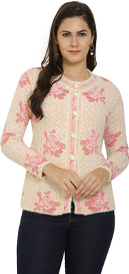 chatanya Floral Print Collared Neck Casual Women White Sweater