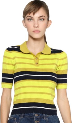 ONLY Striped Women Polo Neck Yellow T-Shirt