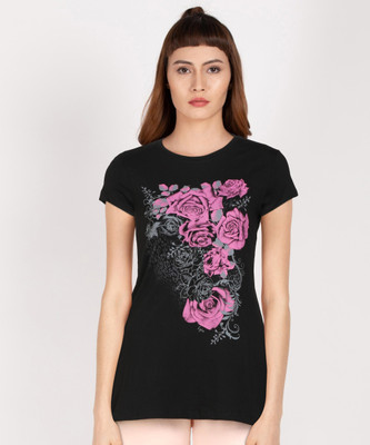 Lyra Printed Women Round Neck Black T-Shirt