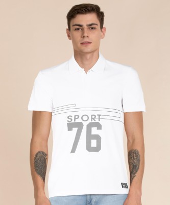 Aditya Birla - abof Printed Men Polo Neck White T-Shirt