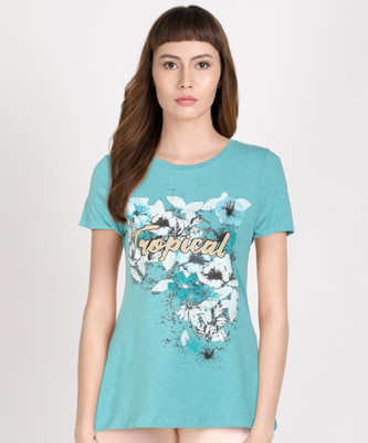 Lyra Printed Women Round Neck Blue, Grey T-Shirt