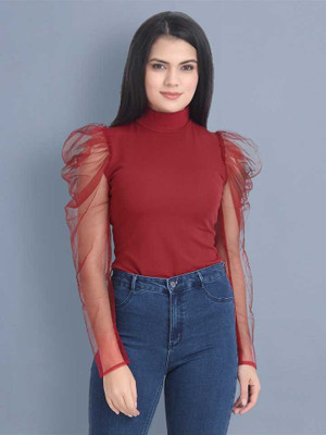 Absorbing Casual Puff Sleeve Solid Women Red Top
