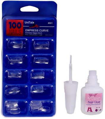 UniTale Professional Cosmetic Grade Artificial Transparent 100 Pieces Reusable Fake Nail Tips With strong Instant Dry 10 ml Brush On Nail Glue Transparent(Pack of 100)