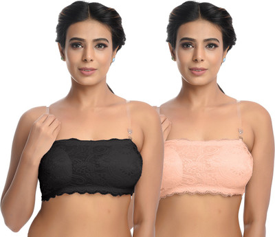 Extoes lace hook padded bra with free Transparent Straps and Soft Removable pads. Women Bandeau/Tube Heavily Padded Bra(Black, Beige)
