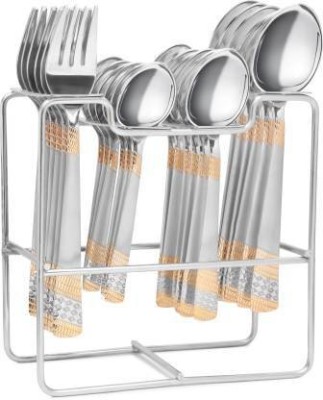 SteelManic Imperial Gold Stainless Steel Cutlery Set 6 pcs DESERT FORK, 6 pcs DESERT SPOON, 6pcs MASTER SPOON, 6 pcs TEA SPOON, 1 pc CUTLERY STAND Stainless Steel Cutlery Set(Pack of 25)
