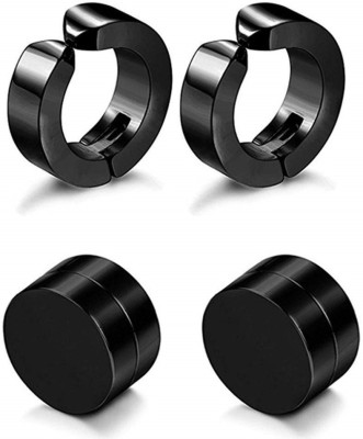 Adhvik (2 Pair) CMB7339 Trendy Black Round Shaped Press Non-Piercing And (8mm Medium Size) Magnetic Style Clip On Metal Barbell Earring Hoop Bali Stud For Men And Women Metal Hoop Earring