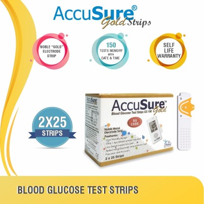 AccuSure Gold Glucometer Test Strips, Pack of 2 | 50 Glucometer Strips