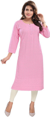 Dream & Dzire Women Chikan Embroidery, Paisley Straight Kurta(Pink)