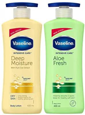 Vaseline Intensive Care Deep Moisture Body Lotion 400 ml and Intensive Care Aloe Fresh Body Lotion, with Aloe Extract, Non Greasy, Non Sticky Formula For Hand & Body for Normal Skin 400 ml