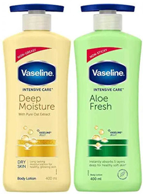 Vaseline Intensive Care Deep Moisture Body Lotion 400 ml and Intensive Care Aloe Fresh Body Lotion, with Aloe Extract, Non Greasy, Non Sticky Formula For Hand & Body for Normal Skin 400 ml(800 ml)