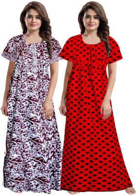 Khushi Print Women Nighty(Maroon, Red)