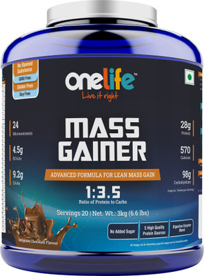 OneLife Mass Gainer: For Lean Mass & Muscle Gain-Swiss Chocolate Flavour Whey Protein(3 kg, Plain)