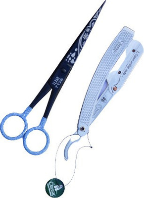 City Enterprises Flower print Retti Scissor With Stainless Steal Straight Edge Razor For Salon Barber Home use Scissors(Set of 1, Black, Light Blue)