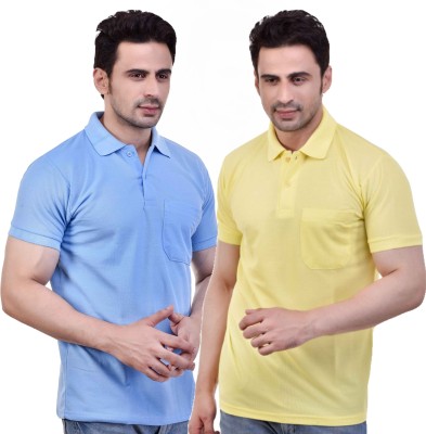 SMAN Solid Men Polo Neck Light Blue, Yellow T-Shirt