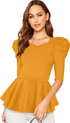 london belly Casual 3/4 Sleeve Solid Women Yellow Top