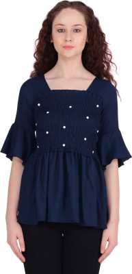 POPWINGS Casual Bell Sleeve Embellished Women Dark Blue Top