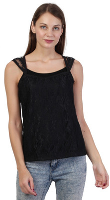 PS COLLECTION Casual Sleeveless Self Design Women Black Top
