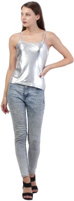 PS COLLECTION Casual Short Sleeve Solid Women Silver Top