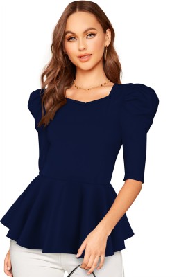 london belly Casual 3/4 Sleeve Solid Women Blue Top