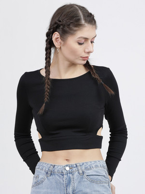 Tokyo Talkies Casual 3/4 Sleeve Solid Women Black Top