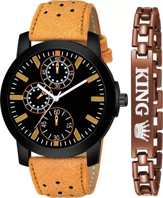 Bluemont Combo of Black dial Yellow Belt watch With King Bracelet Brown for men and Boys Watch Bracelete Combo Analog Watch - For Men