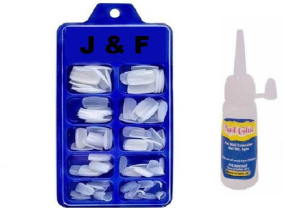 J & F Artificial Arylic Fake 100 Nails with Glue White(Pack of 100)
