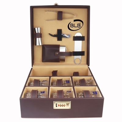 BLB Borsi leathers 6 glasses brown bar set premium bottle Opener handy-GPBLBRPS001 1 - Piece Bar Set(Wooden)
