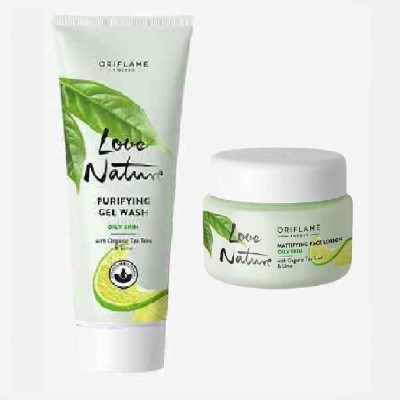 Oriflame Sweden LOVE NATURE Purifying Gel Wash and Mattifying Face Lotion with Organic Tea Tree & Lime (combo of 2)(2 Items in the set)