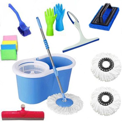 CREZON EXCLUSIVE House Hold cleaning bucket mop set combo with 3 Refills and 6 Different Accessories, 360 Degree Self Spin Wringing Magic Bucket Mop Cleaning Wipe, Cleaning Brush, Cleaning Cloth, Bucket, Duster, Floor Wiper, Glove, Kitchen Wiper, Mop, Mop Refill, Scrub Pad, Mop Set