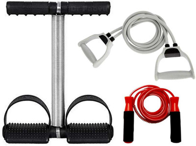 Dr Pacvu Pack Of 3 Fitness COMBO, Athletes CHOICE, 1+ Double Resistance Band Toning Tube and 1+ Skipping Jumping Rope and 1+ Single Chrome Steel Band Tummy Trimmer Workout at Home, TRUSTED by DR, Gym Fitness and Body Fat loose and cutter Fitness Accessory Kit Kit