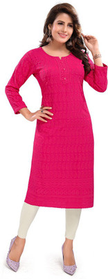Dream & Dzire Women Chikan Embroidery Straight Kurta(Pink)