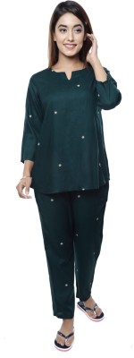 Anukriti Women Embroidered Dark Green Top & Pyjama Set