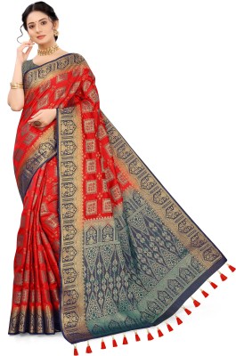 sareesiya creation Woven Banarasi Cotton Silk Saree(Red)