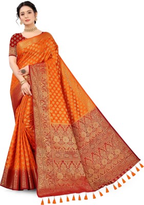 COSBILA FASHION Printed Banarasi Jacquard, Cotton Silk Saree(Maroon, Orange)