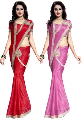 Bhuwal Fashion Embellished Bollywood Lycra Blend Saree(Pack of 2, Red, Pink)