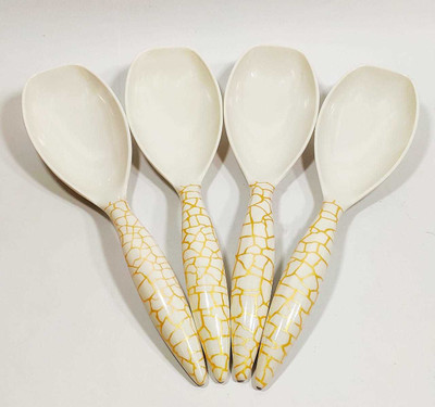 kccb creative hub long handle pure melamine serving spoon set of 4/white with yellow strips Melamine Serving Spoon Set(Pack of 4)