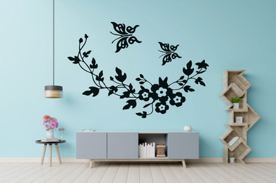 DICTON HUB 60 cm butterfly with flower decal blk Removable Sticker(Pack of 1)