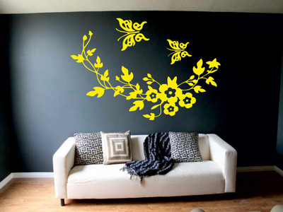 DICTON HUB 60 cm butterfly with flower decal ylw Removable Sticker(Pack of 1)