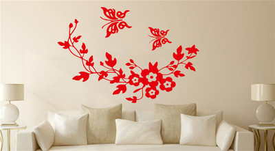 DICTON HUB 60 cm butterfly with flower decal red Removable Sticker(Pack of 1)