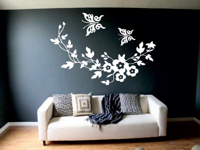 DICTON HUB 60 cm butterfly with flower decal white Removable Sticker(Pack of 1)