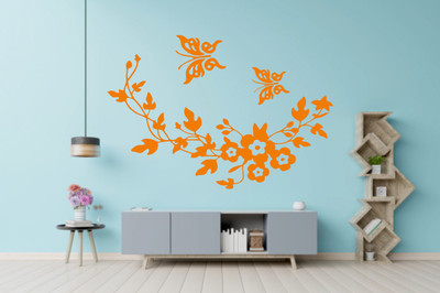 DICTON HUB 60 cm butterfly with flower decal orange Removable Sticker(Pack of 1)