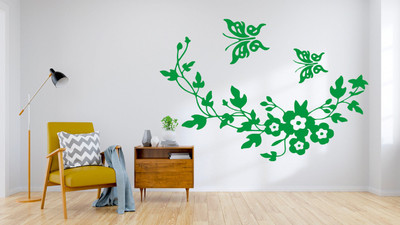 DICTON HUB 60 cm butterfly with flower decal green Removable Sticker(Pack of 1)
