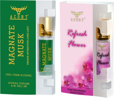 Acort Pack of 2 - Magnate Musk and Refreshing Flower - Long lasting Concentrated Roll on Perfume - Attar Parfume Floral Attar(Floral)