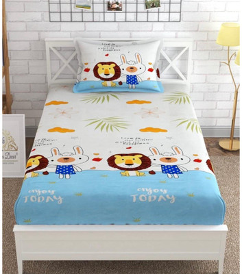 Nanki's 140 TC Polycotton Single Cartoon Fitted (Elastic) Bedsheet(Pack of 1, White)